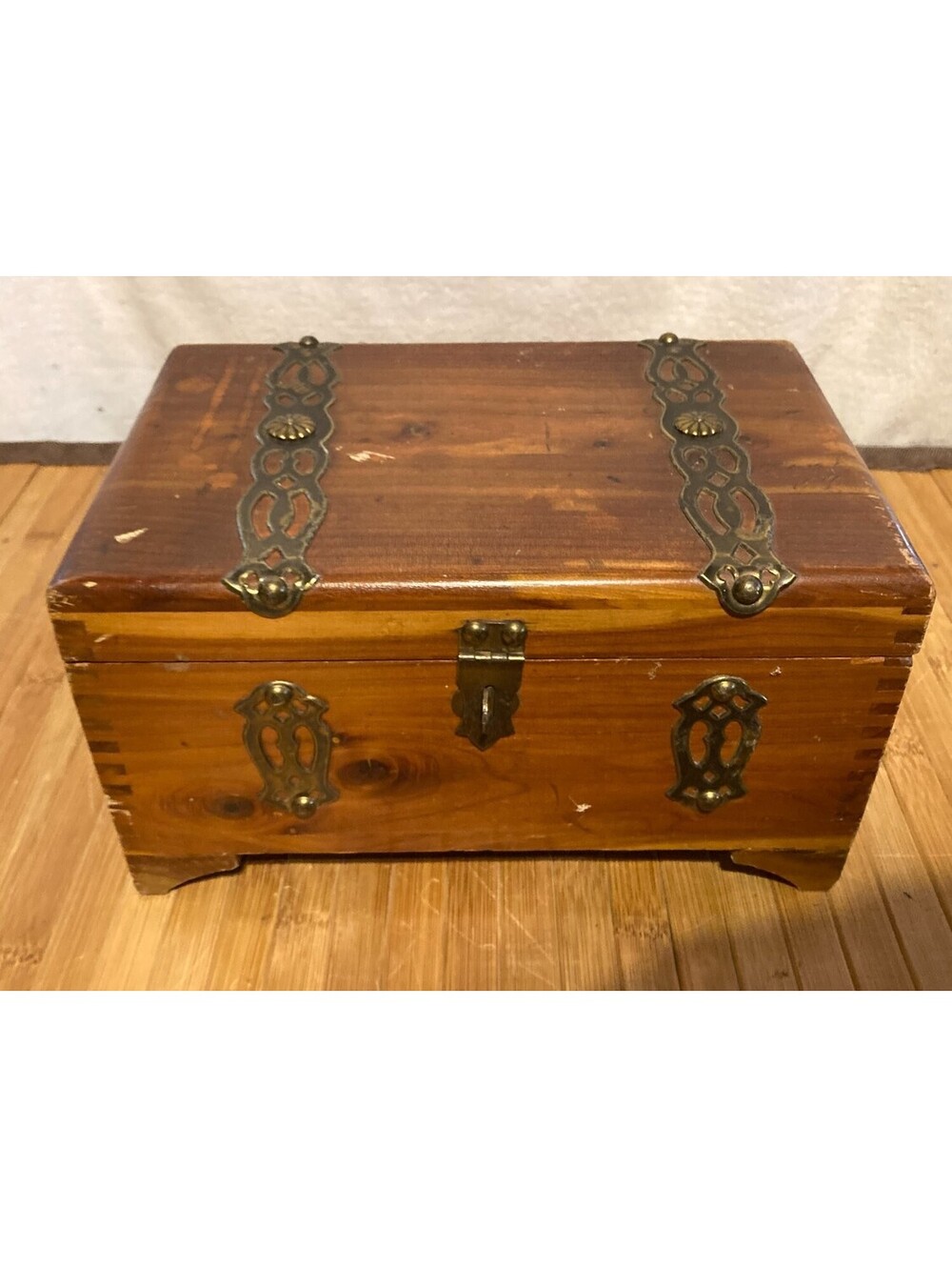 Vintage Cedar Wood Jewelry Box Treasure Chest Strap Brass Hardware Footed Trunk
